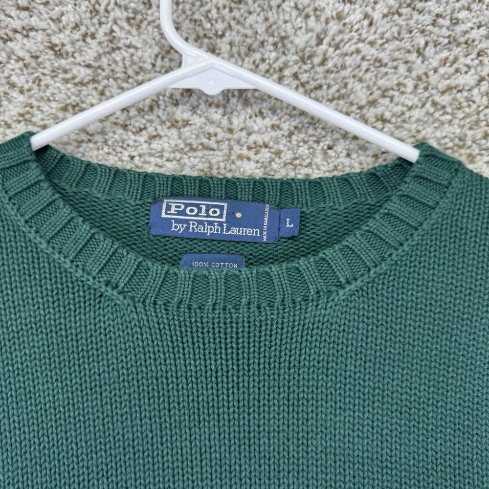 Polo Ralph Lauren Sweater Mens L Green Cotton Knit Crew Pullover Chunky‎ Heavy